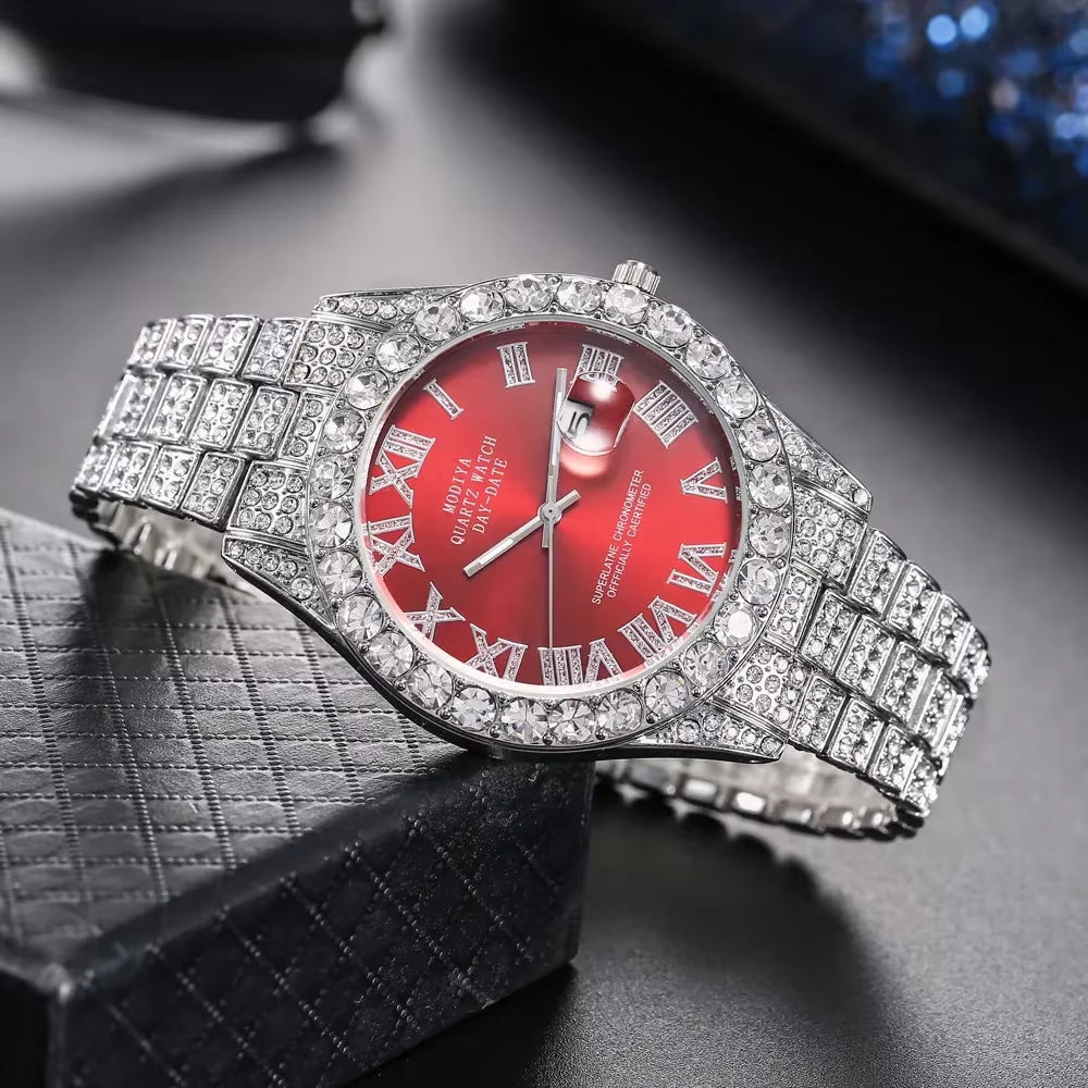 Hot Sale Diamond Bling Watch Men Gold Color Luxury Gift Quartz Watches Male Clock Dropshipping Rhinestone Calendar Wristwatch